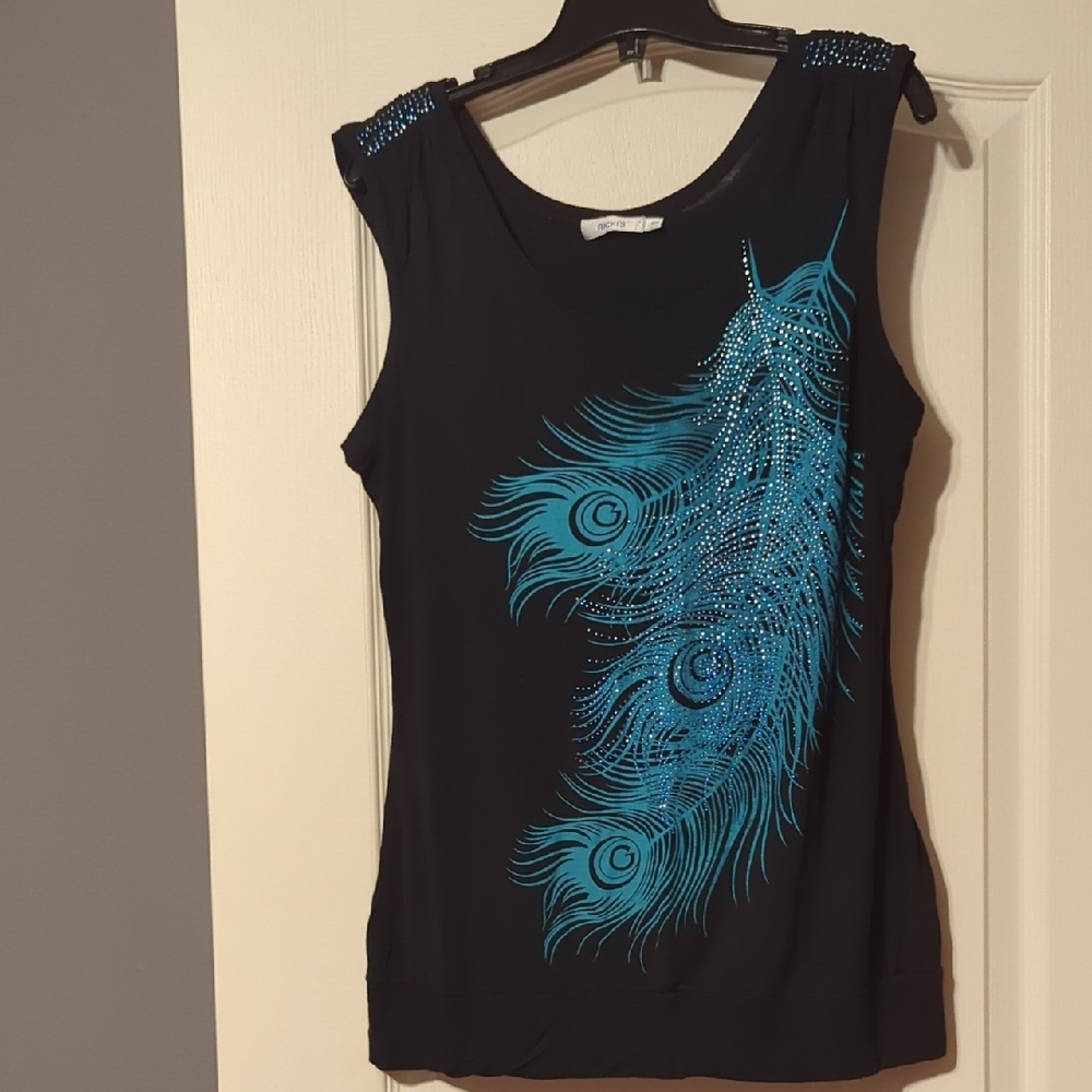 Ricki's Black Tank Top with Blue Feather Design